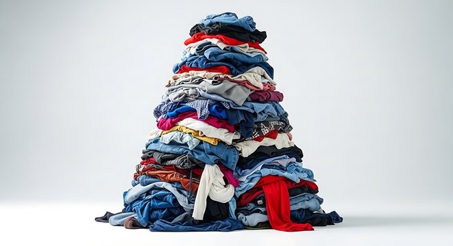 Large Pile of Assorted Crumpled Clothes on White Background