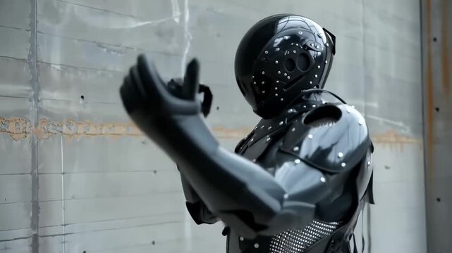 Cybernetic Warrior's Gesture: An armored figure, encased in advanced cybernetic gear, gestures confidently, poised against a cold, industrial backdrop that exudes a futuristic atmosphere.