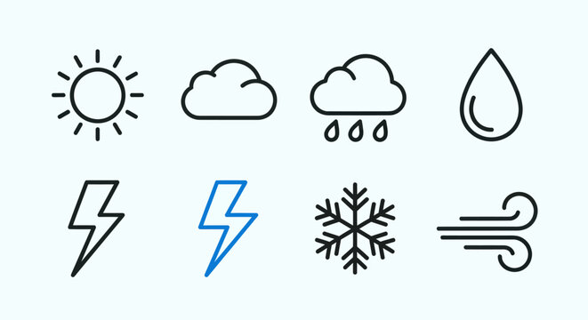 Weather icons sun cloud rain drop lightning snowflake wind isolated vector
