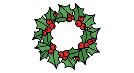 Round Christmas wreath with holly berries and leaves