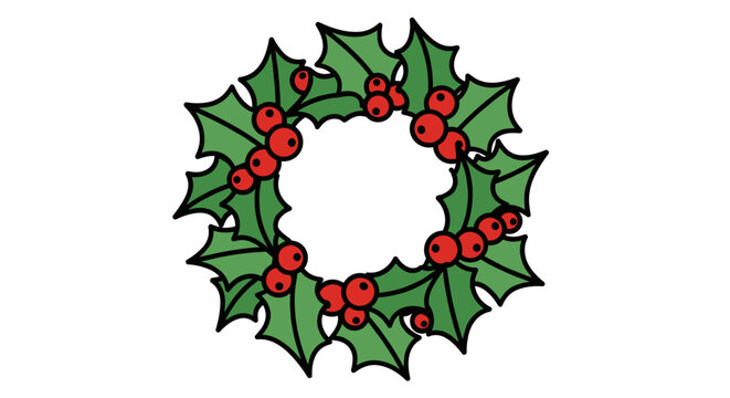 Round Christmas wreath with holly berries and leaves