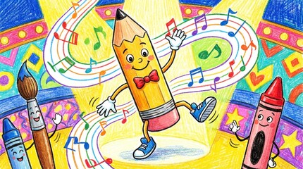 Obraz premium Pencil character dancing, colorful, kids style