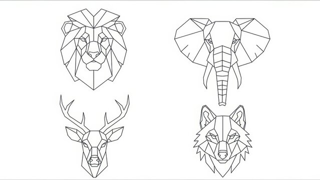 Geometric Animal Heads Set: Lion, Elephant, Deer, Wolf - Minimalist Line Art