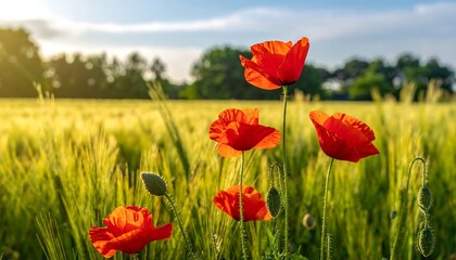 Obraz premium Bright red poppies bloom in a sunlit field of golden wheat