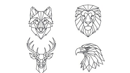 Fototapeta premium Geometric Animal Heads Set: Wolf, Lion, Deer, Eagle - Line Art Icons