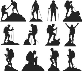 Obraz premium Black vector silhouettes of hikers climbing mountains, backpackers trekking with poles, mountain climbers reaching summit, and outdoor adventure lifestyle icons