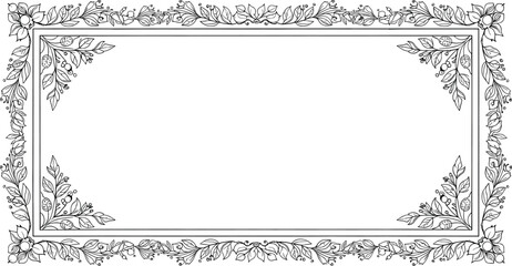 Obraz premium Vector illustration of rectangular floral border with symmetrical black line flowers and leaves on white background