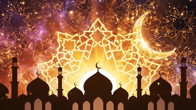 Celebratory fireworks illuminate mosque silhouette against vibrant night sky with crescent moon and geometric patterns