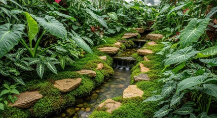 Serene Garden Stream with Lush Greenery and Natural Stone Path, Creating a Tranquil Oasis