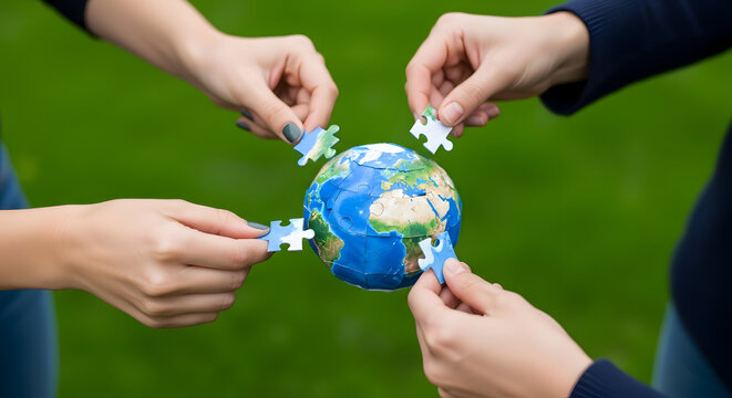 Four hands connecting puzzle pieces to form a globe representing global unity