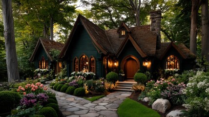 Enchanting Cottagecore Home Exterior Surrounded by Lush Gardens and Forest, Fairytale Ambiance with Warm Lighting