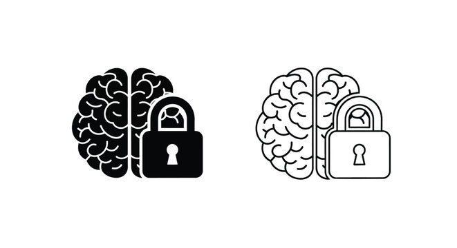 Two brain icons one locked and one unlocked in black and white silhouette