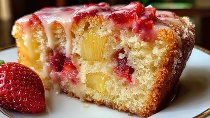 Delicious Slice of Strawberry Pineapple Cake with Sweet Glaze on a White Plate