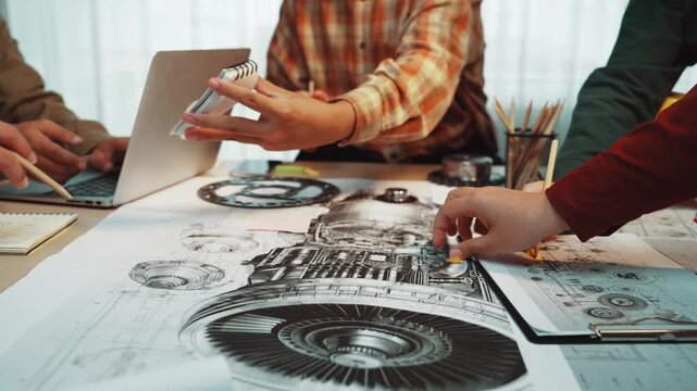 A group of engineers works together on a technical drawing of jet engine components in a modern office. The scene showcases tools, equipment, and a collaborative approach to design. SACTR