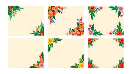 Fototapeta premium A collection of six unique floral corner designs with colorful flowers and leaves, perfect for decorative borders.