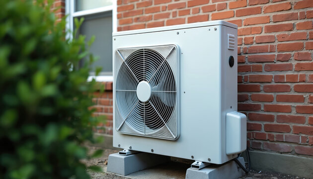 Exterior air conditioner unit on brick wall outside house. White machine with fan provides home climate control for comfort. Green bush in foreground.