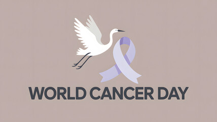 Obraz premium World Cancer Day awareness ribbon with white crane bird symbol