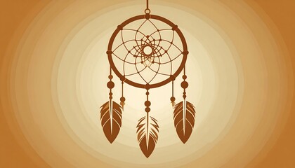 Brown dreamcatcher with feathers against a radial beige background