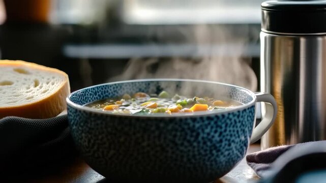 Warmth in a Bowl: Steaming, savory soup, is presented in a beautiful patterned bowl beside a slice of bread, inviting warmth and comfort. The image evokes feelings of home, comfort.