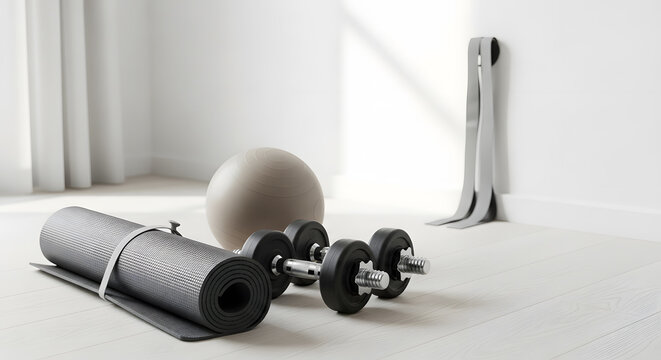 Minimalist Home Fitness: Dumbbells, Mat, Ball, and Resistance Bands in a Bright Interior