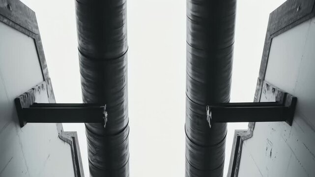 Industrial Pipes and Infrastructure: A stark, minimalist composition captures the robust, parallel lines of two massive industrial pipes, emphasizing structure and symmetry.