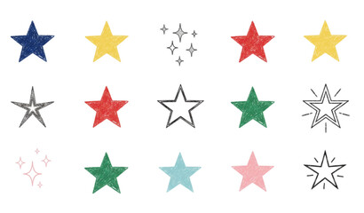 Obraz premium Hand drawn sketch star and sparkle doodle vector set with glitter twinkle crayon brush icons for decoration
