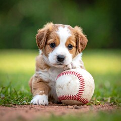 Brown/white puppy gazes at camera, paws on a well-worn baseball