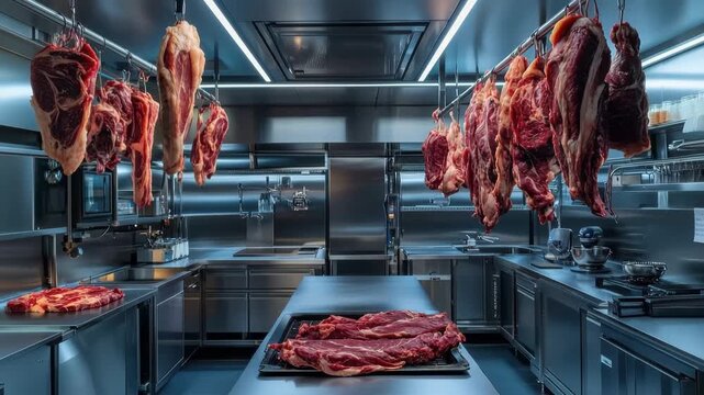 Artisan Butcher's Delight: A symphony of raw cuts of meat hanging in a spotless butchery, with a wide array of options and showcasing the artistry of the trade. 
