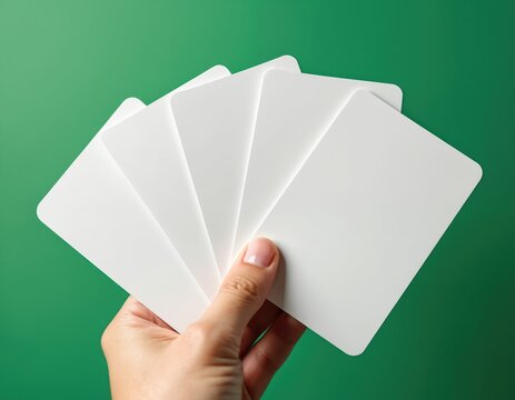 Hand holds stack of blank white cards against green backdrop. Empty cards ready for custom design, info or branding. Perfect for business or creative mockups.