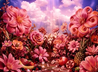 A vibrant and colorful floral landscape with pink flowers and fruits.