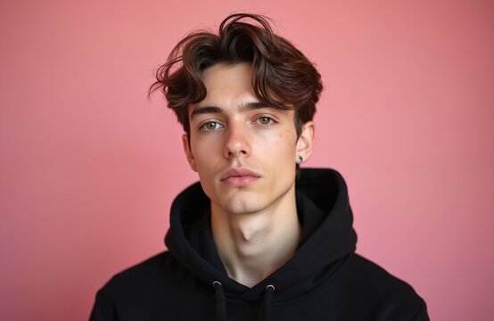 Young man with brown hair and piercing looks thoughtfully forward. He wears black hoodie against pink studio background. His expression is serious and calm. Portrait highlights his facial features.