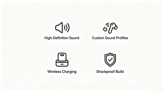Speaker and headphones, representing high-definition sound quality, custom sound effects, wireless charging, and shock resistant body, suitable for Bluetooth headphones and audio devices.
