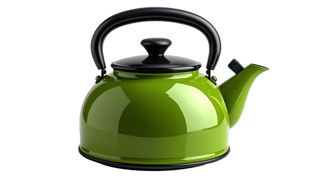 A vibrant green kettle with black handle and spout, isolated on a plain background, viewed from the front, J (803).png reference