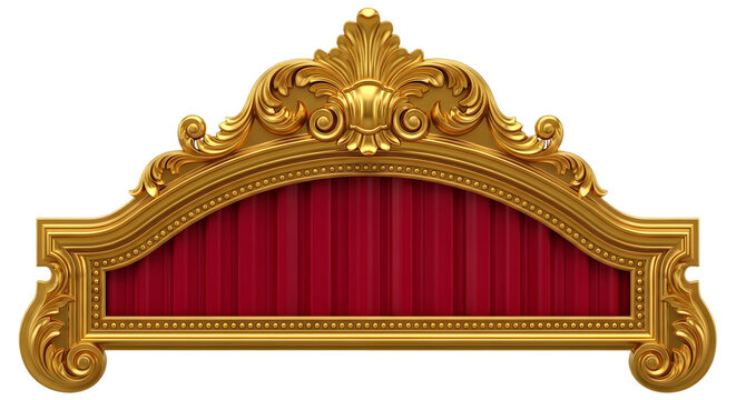 Ornate gold theater stage frame with red curtains on transparent background for decoration or design