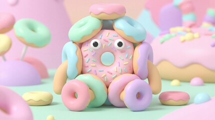 Obraz premium Cute donut monster, pastel colors, 3D render