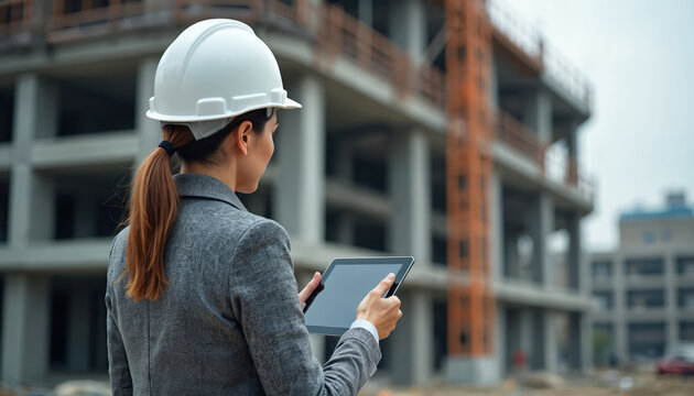 Woman in hard hat uses tablet on construction site. Female engineer checks building progress on digital device. Future project development work happens at site.