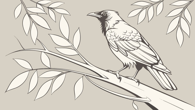 Detailed illustration of a crow perched on a branch.