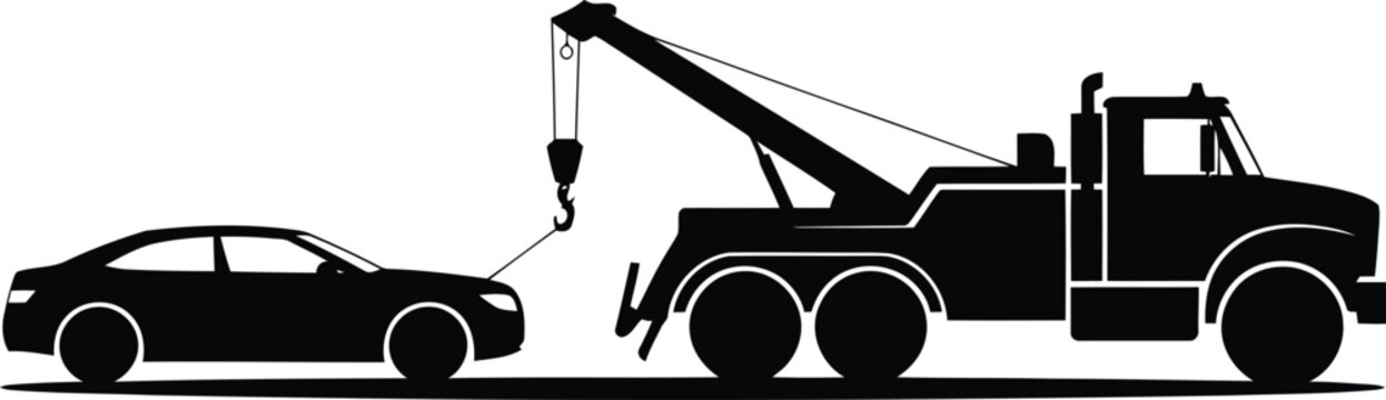 A black silhouette illustration of a tow truck preparing to haul a car on a clean white background