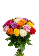 Naklejka premium a vibrant, tightly arranged bouquet of freshly cut roses in fuchsia, purple, red, and yellow, detailed with water droplets and green leaves, against a transparent studio background, conveying floral