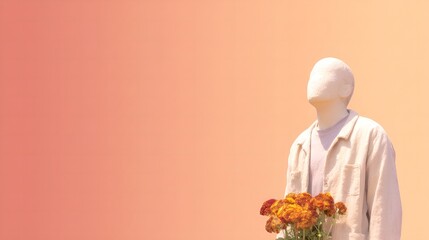 A mannequin wearing a white shirt holds orange flowers against a pastel background