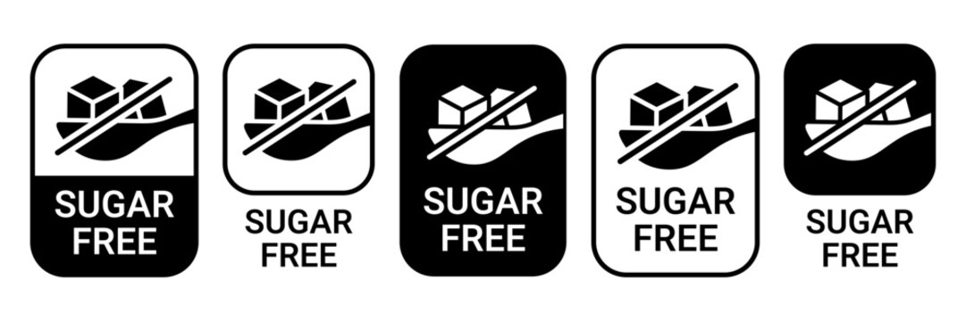 Sugar free icons. Zero sugar label. Set allergen free icons. No sugar. Sugar free logo, label, badge, sticker, symbol, sign, emblem, black, circle, line, vector, isolated illustration.