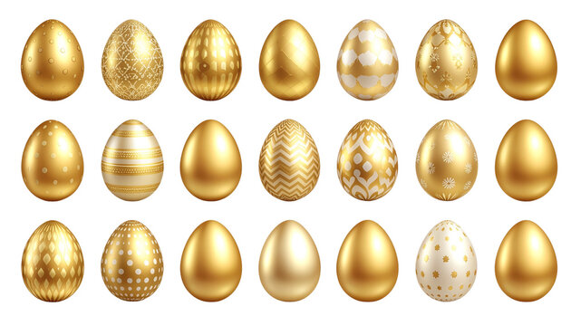 Golden Easter eggs arranged in rows with varying shades of gold and silver tones, creating a pattern of metallic luster pure white background cutout