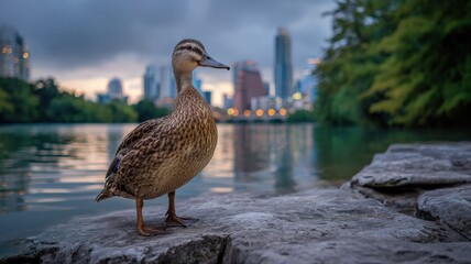 Fototapeta premium Duck on Rocks in Cityscape, featuring water, trees and architectural details