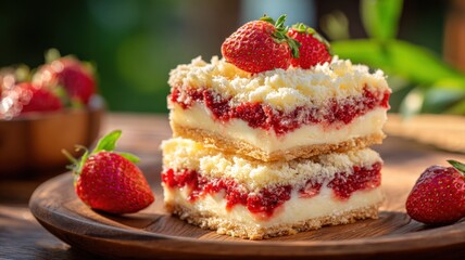 Delicious Strawberry Crumble Bars Stacked on a Wooden Plate, Garnished with Fresh Berries