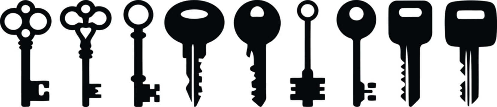 A collection of diverse black key silhouettes including traditional old fashioned and modern car keys