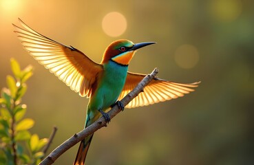 Obraz premium Colourful bee-eater bird perches on branch, wings outstretched catching golden sun rays. Vibrant avian creature displays emerald, blue, orange plumage against soft bokeh background. Eye observes