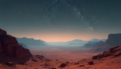 Naklejka premium Vast alien desert landscape under starry sky. Red rock formations, distant misty mountains create desolate, quiet terrain. Arid expanse evokes solitude, otherworldly beauty. Space exploration theme.