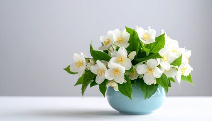 Close-up of white blossoms with yellow centers in a blue vase, set against a grey backdrop