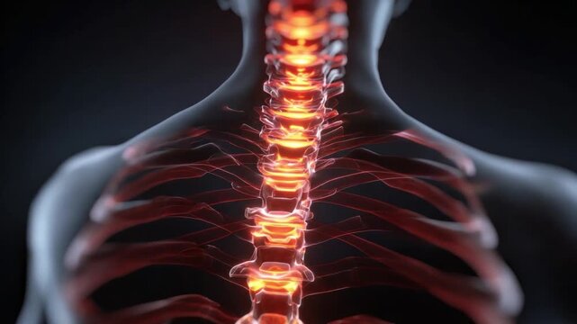 Illuminated Anatomy: A detailed, illuminated view of the human spine and rib cage, highlighting the intricate structure of the skeletal system.