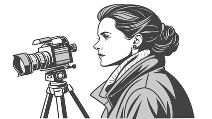 Woman Photographer with Camera on Tripod Focused on Capturing the Moment.